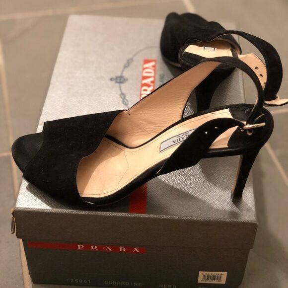 Prada Timeless Black Suede Open Toe Heels 7.5 - Picture 3 of 6